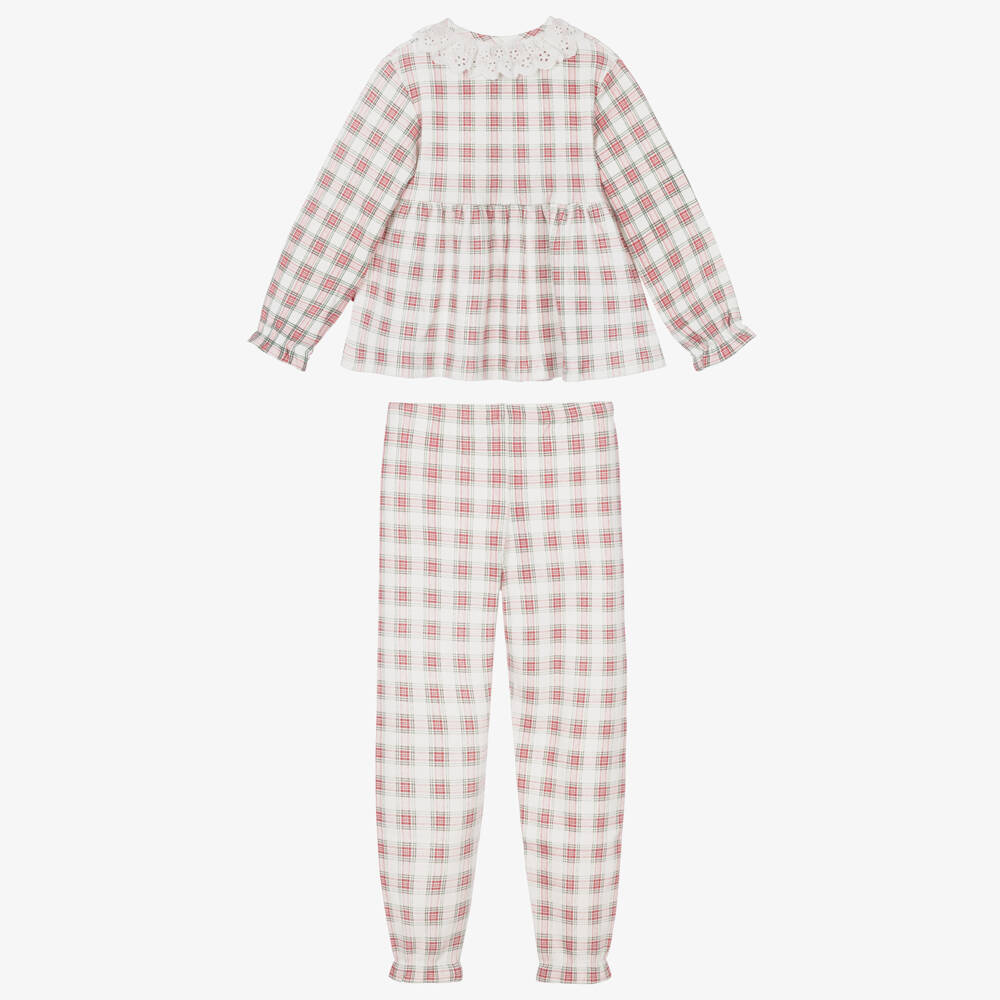 Tutto Piccolo-Girls White & Red Check Cotton Jersey Pyjamas | Childrensalon