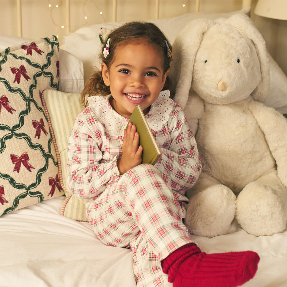 Tutto Piccolo-Girls White & Red Check Cotton Jersey Pyjamas | Childrensalon