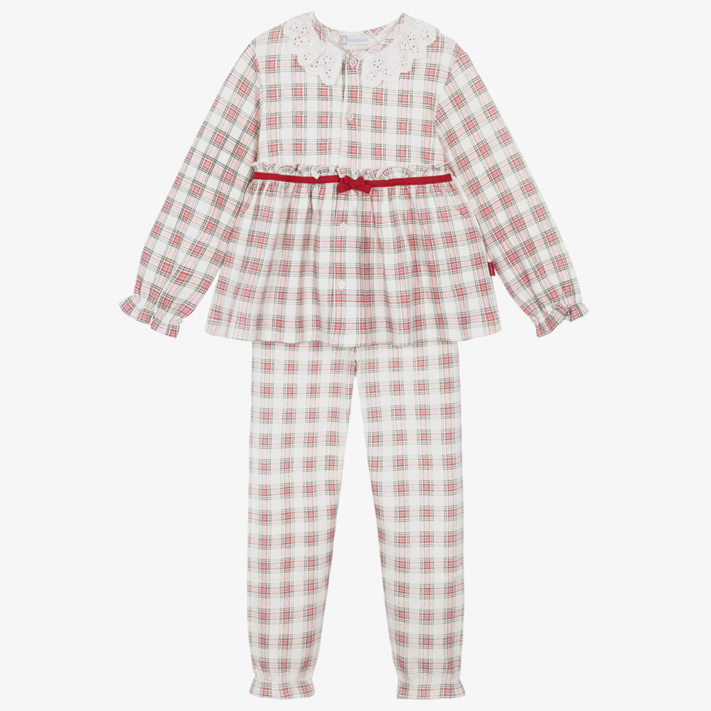 Tutto Piccolo-Girls White & Red Check Cotton Jersey Pyjamas | Childrensalon