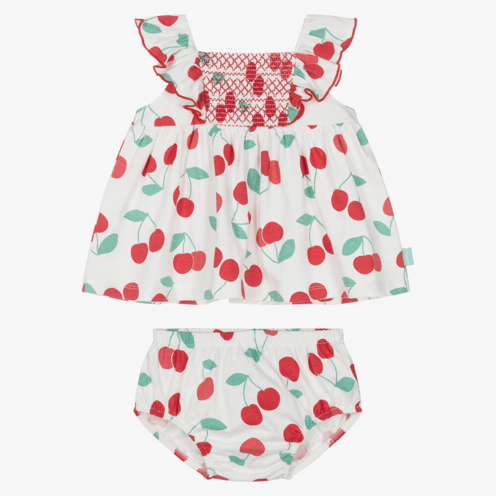 Tutto Piccolo-Girls White & Red Cotton Jersey Cherry Dress with Smocking | Childrensalon