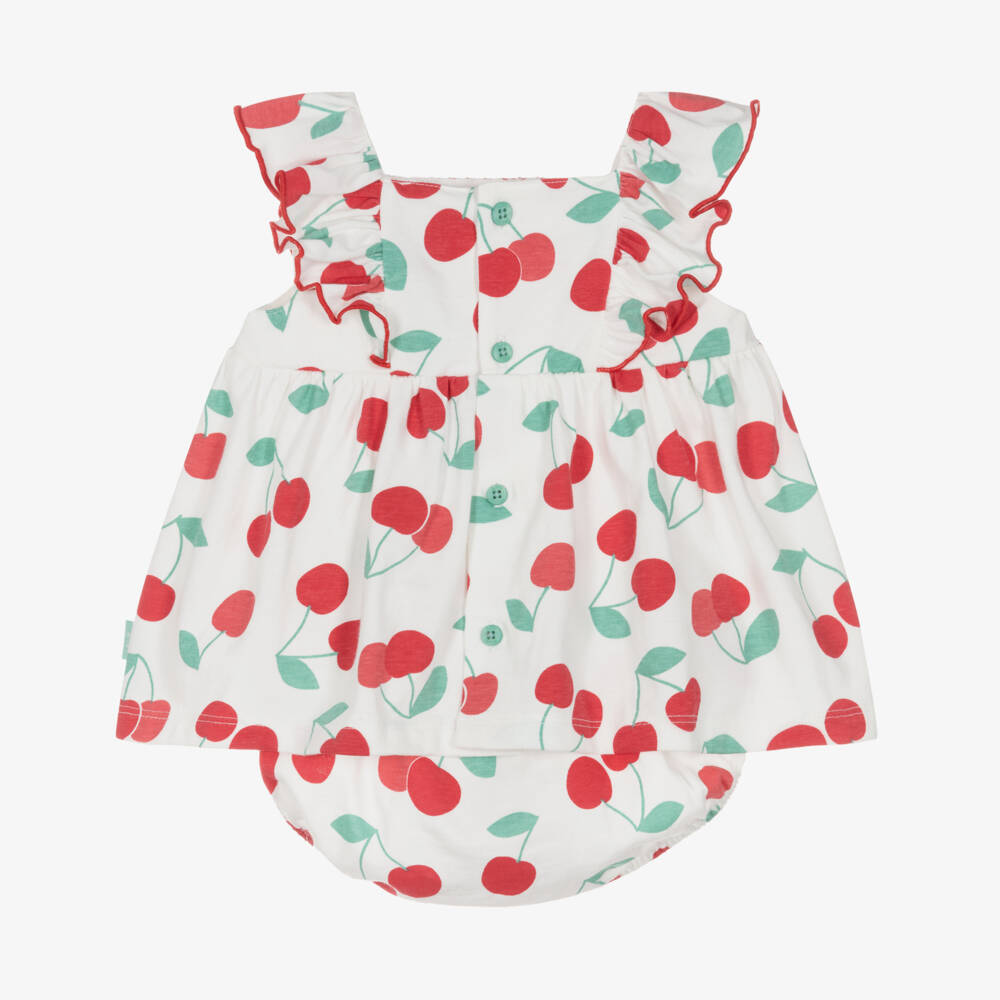 Tutto Piccolo-Girls White & Red Cotton Jersey Cherry Dress with Smocking | Childrensalon