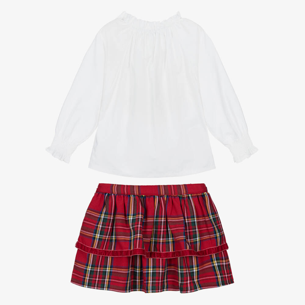 Tutto Piccolo-Girls White & Red Tartan Tiered Skirt Set | Childrensalon