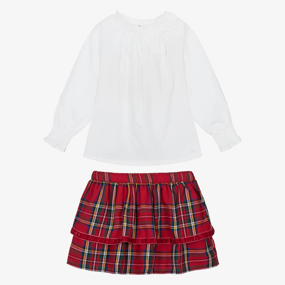 Tutto Piccolo-Girls White & Red Tartan Tiered Skirt Set | Childrensalon
