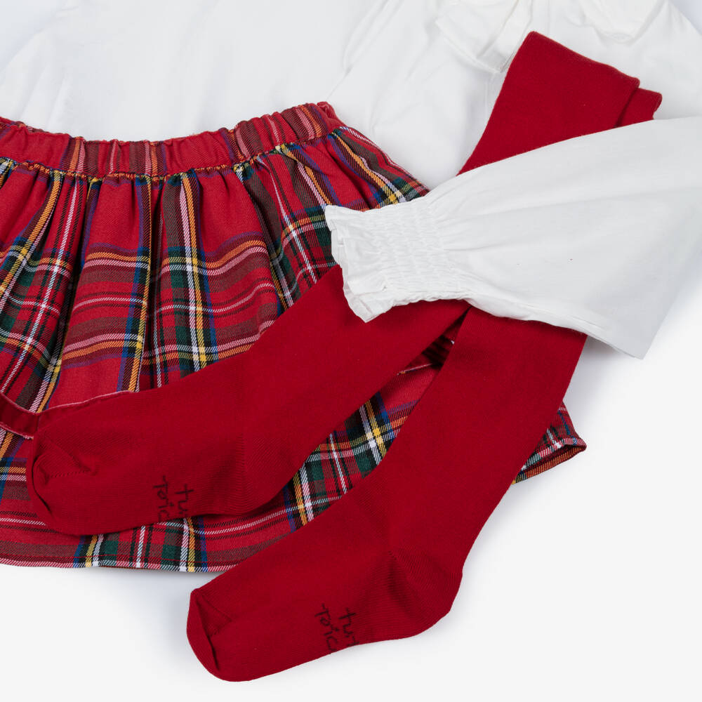 Tutto Piccolo-Girls White & Red Tartan Tiered Skirt Set | Childrensalon