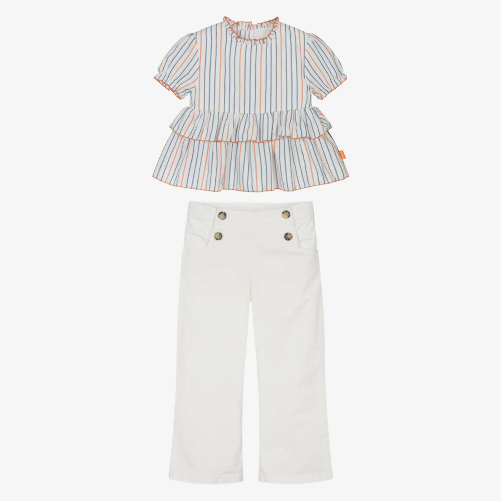 Tutto Piccolo-Girls White Sailor-Style Trouser Set with Striped Top | Childrensalon