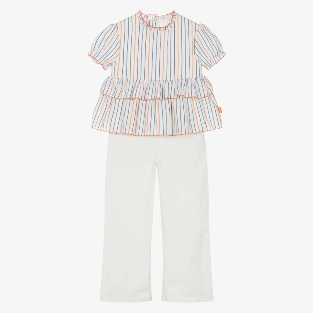 Tutto Piccolo-Girls White Sailor-Style Trouser Set with Striped Top | Childrensalon