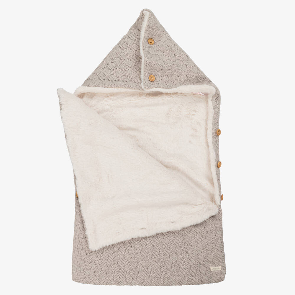 Tutto Piccolo-Taupe Cotton Knit Baby Nest with Faux Fur Lining (80cm) | Childrensalon