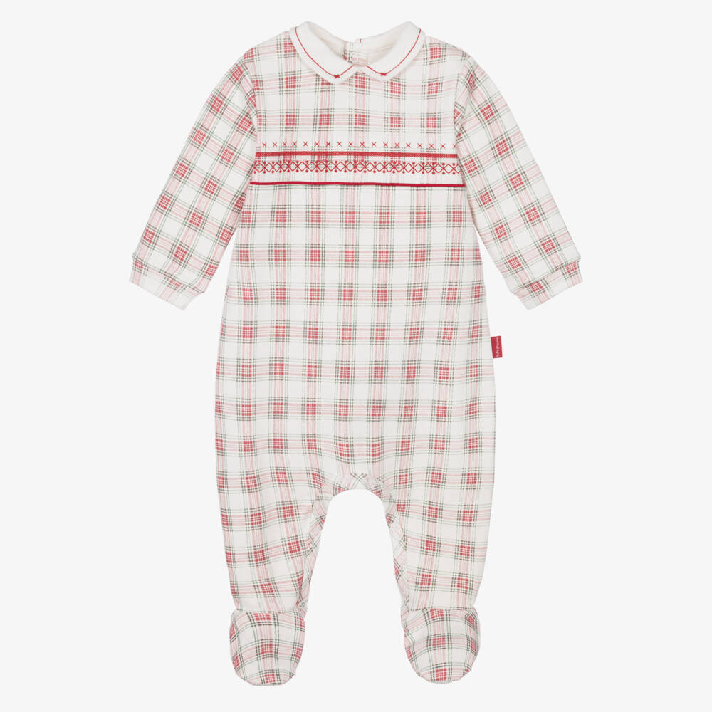 Tutto Piccolo-White & Red Check Cotton Jersey Babygrow | Childrensalon
