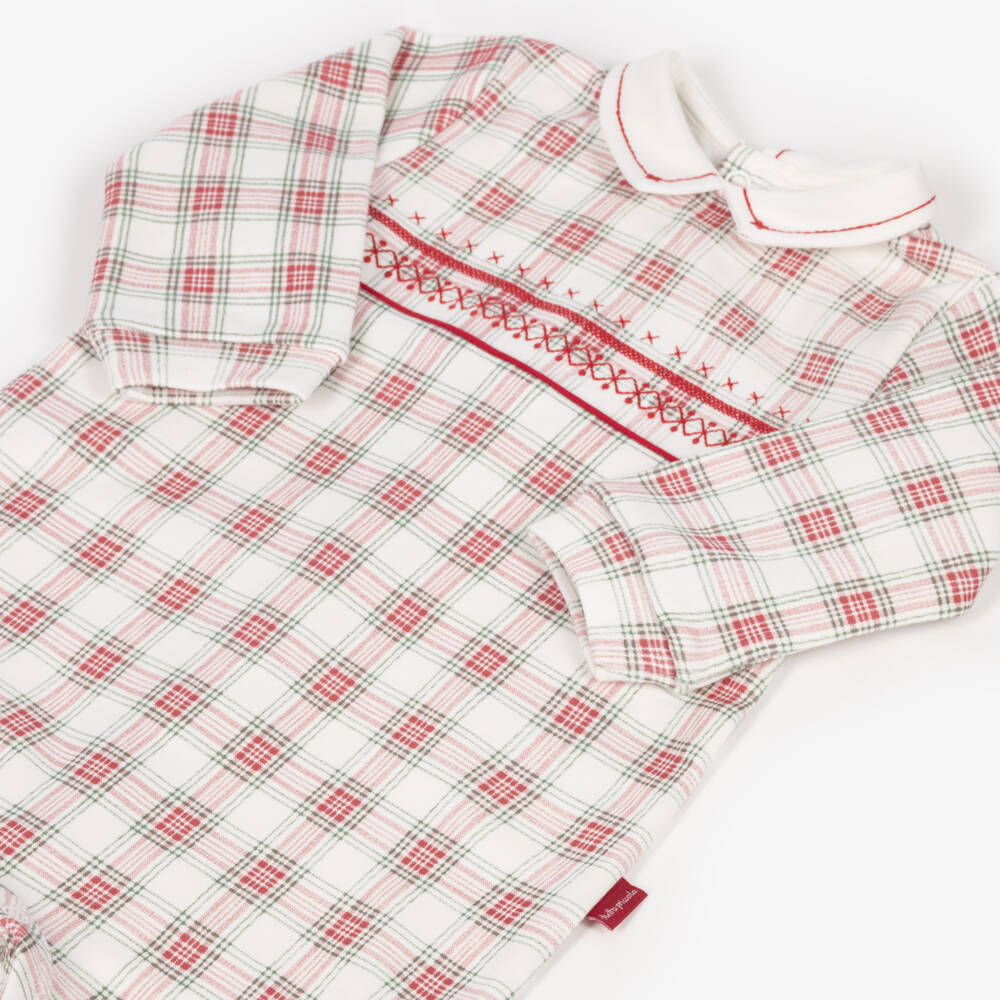 Tutto Piccolo-White & Red Check Cotton Jersey Babygrow | Childrensalon