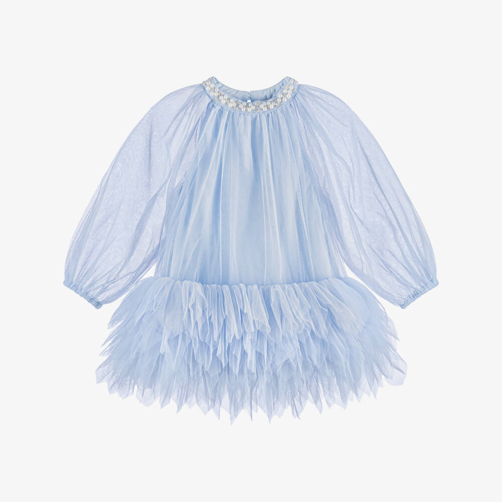 Tutu du Monde-Baby Girls Blue Tulle Dress with Pearl & Diamanté Trim | Childrensalon
