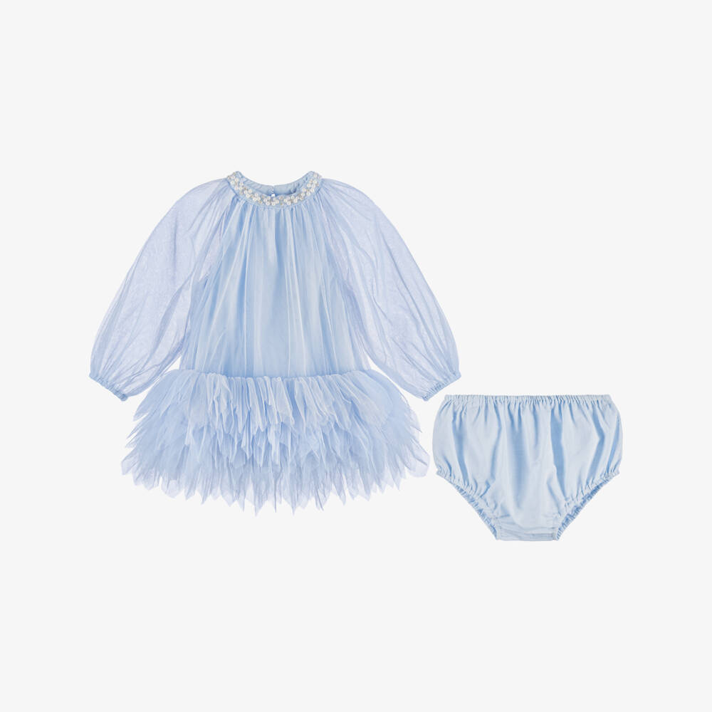 Tutu du Monde-Baby Girls Blue Tulle Dress with Pearl & Diamanté Trim | Childrensalon