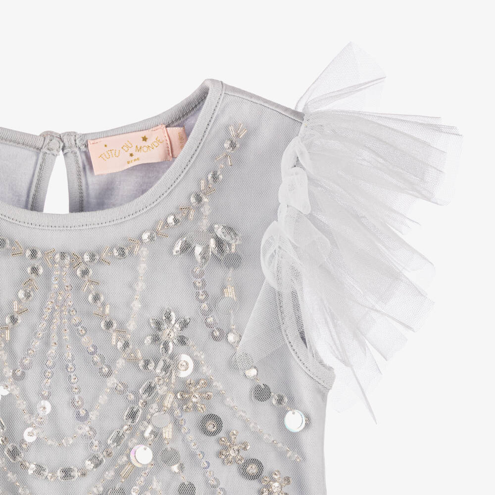 Tutu du Monde-Baby Girls Pale Grey Sequinned & Beaded Tulle Dress | Childrensalon