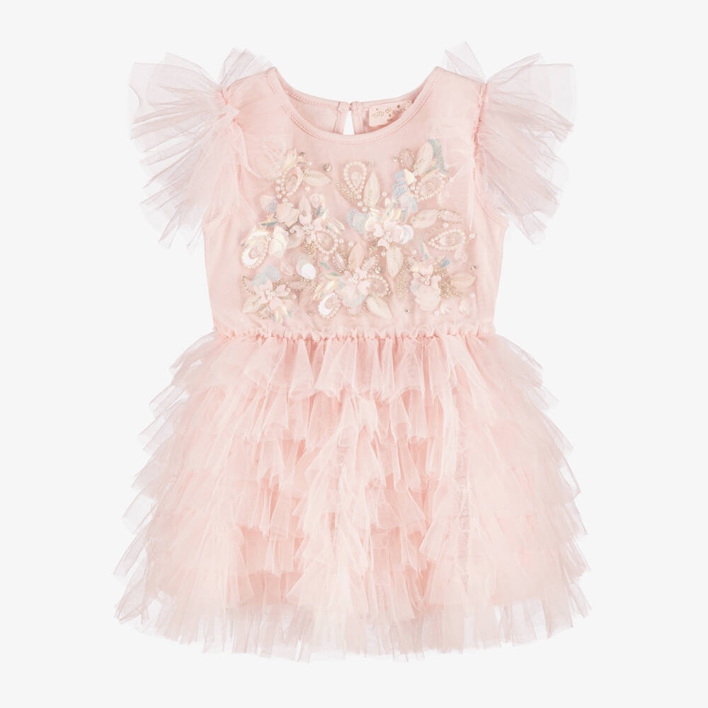 Tutu du Monde-Baby Girls Pale Pink Tulle Dress with Beads & Sequin Flowers | Childrensalon