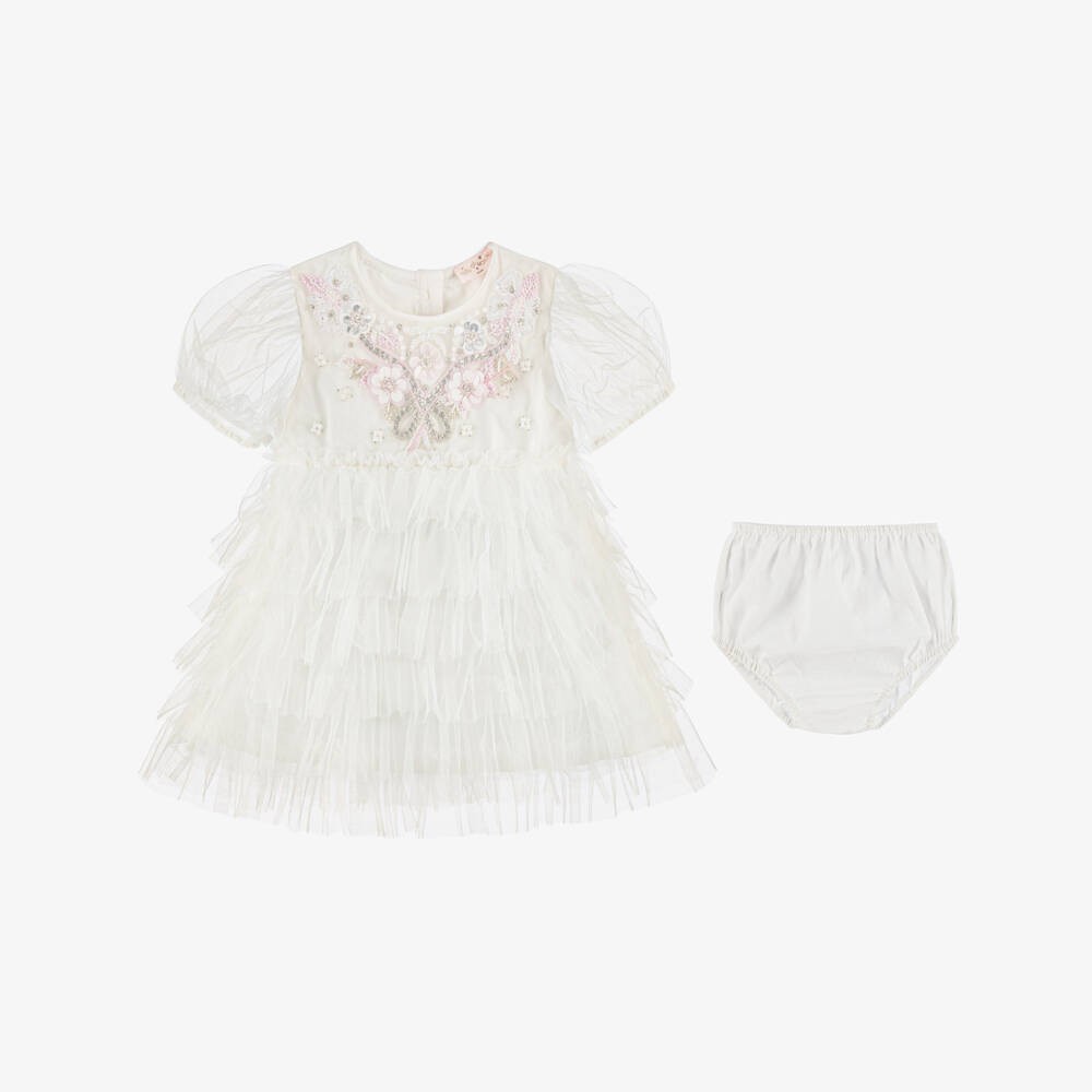 Tutu du Monde-Baby Girls White Tulle Dress with Sequin Flowers & Beads | Childrensalon