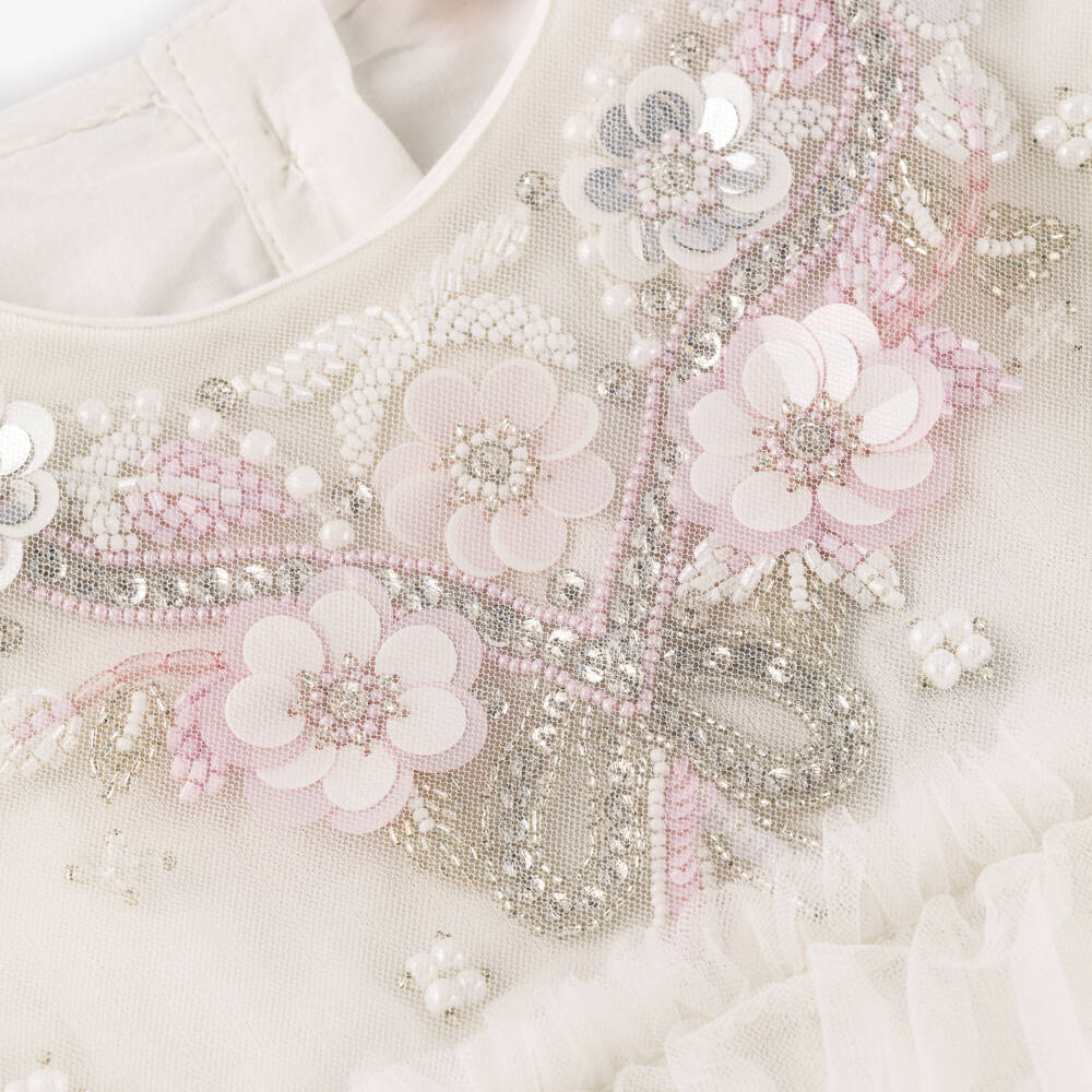 Tutu du Monde-Baby Girls White Tulle Dress with Sequin Flowers & Beads | Childrensalon