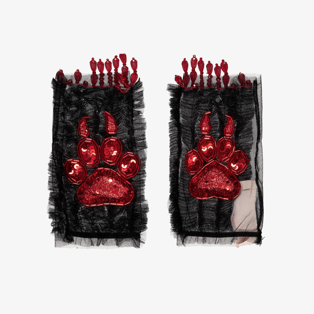 Tutu du Monde-Girls Black & Red Paw Print Halloween Tulle Gloves | Childrensalon