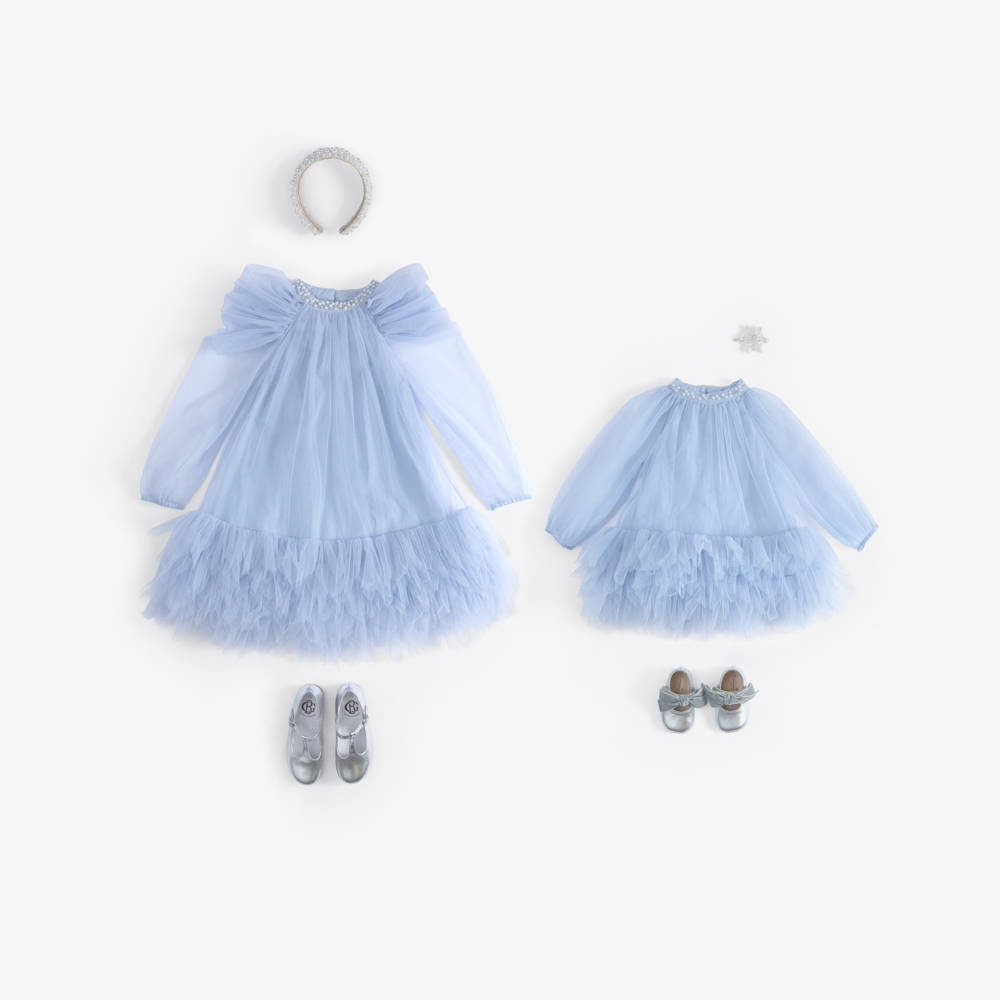 Tutu du Monde-Girls Blue Tulle Dress with Pearl & Diamanté Trim | Childrensalon