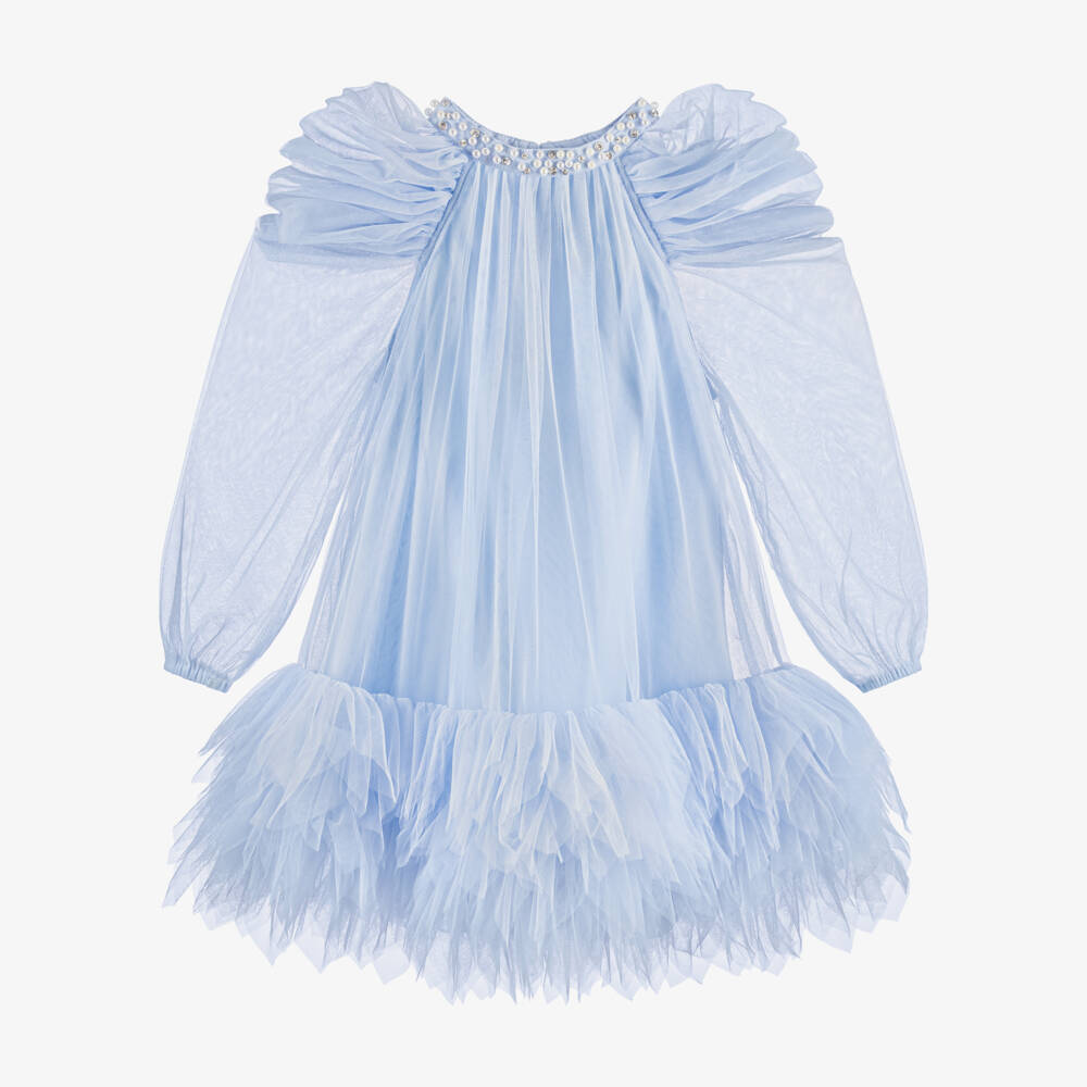 Tutu du Monde-Girls Blue Tulle Dress with Pearl & Diamanté Trim | Childrensalon