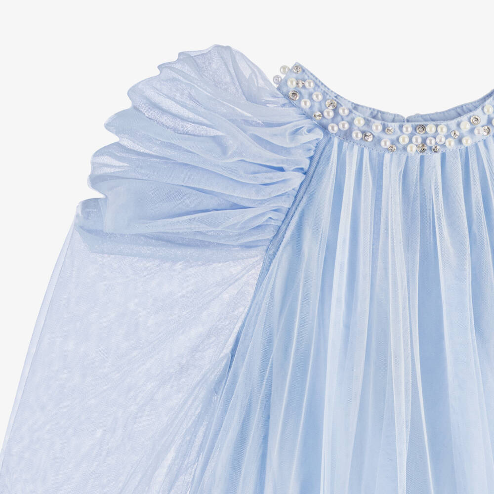 Tutu du Monde-Girls Blue Tulle Dress with Pearl & Diamanté Trim | Childrensalon