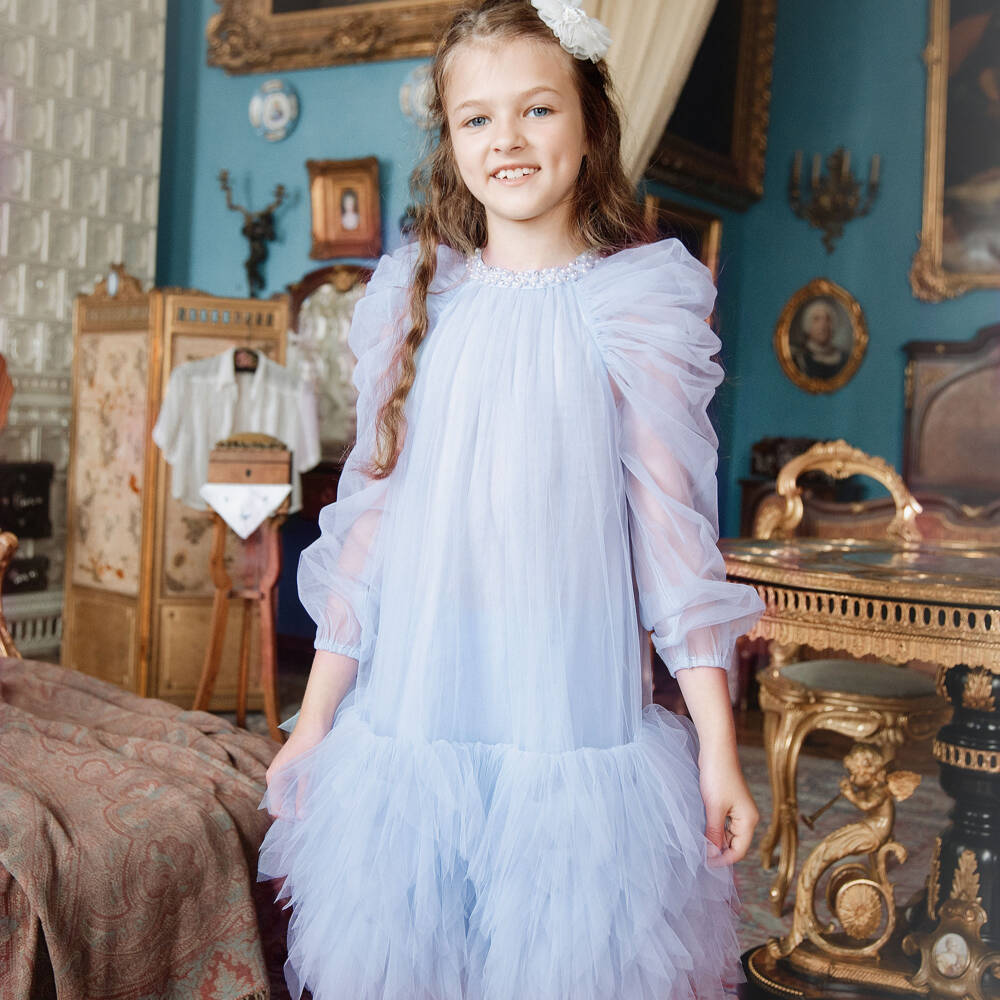 Tutu du Monde-Girls Blue Tulle Dress with Pearl & Diamanté Trim | Childrensalon