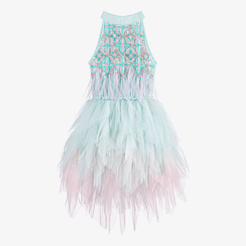 Tutu du Monde-Girls Blue Tulle Dress with Sequins & Feathers | Childrensalon