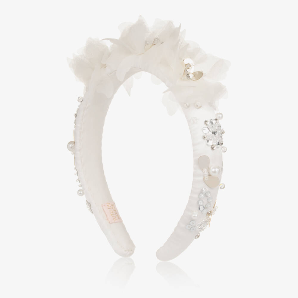 Tutu du Monde-Girls Ivory Beaded Hairband with Flower Appliqués | Childrensalon