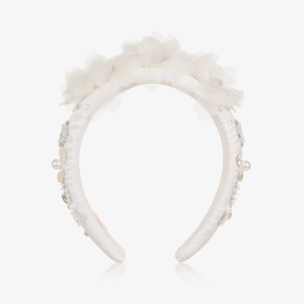 Tutu du Monde-Girls Ivory Beaded Hairband with Flower Appliqués | Childrensalon