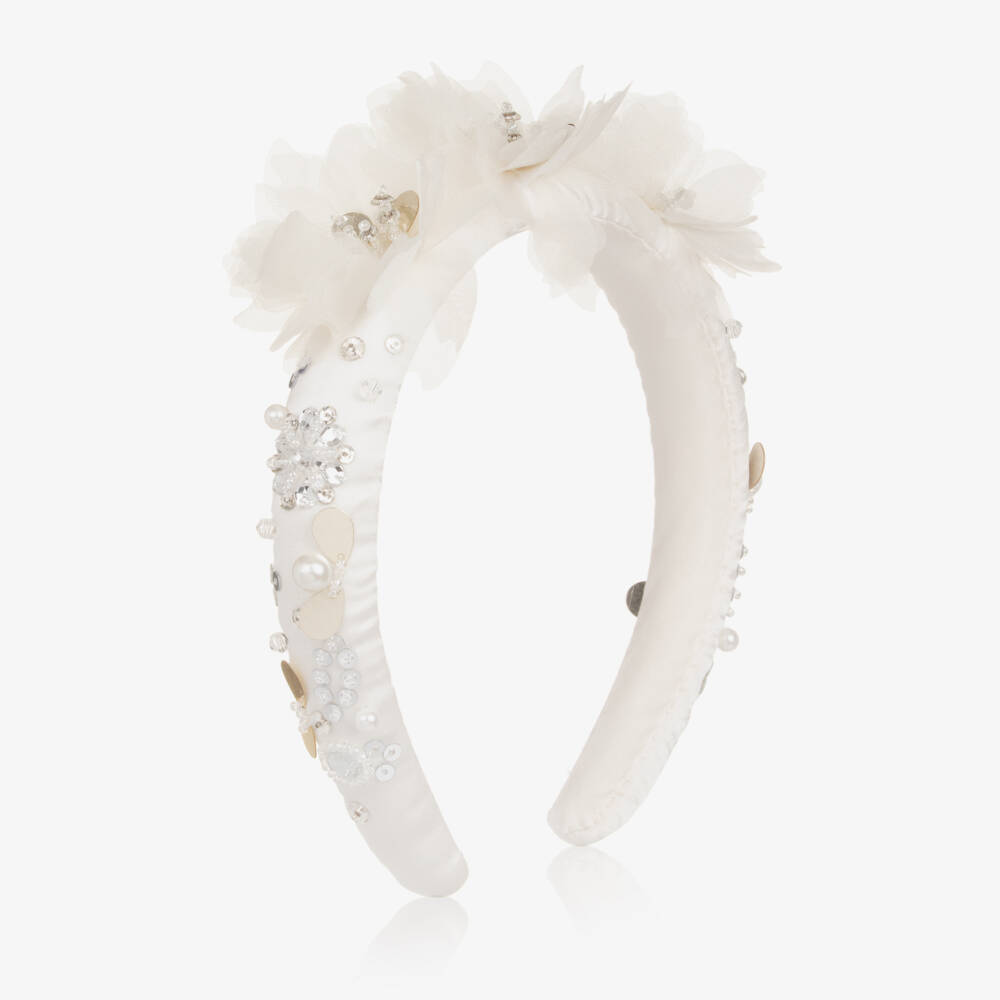 Tutu du Monde-Girls Ivory Beaded Hairband with Flower Appliqués | Childrensalon