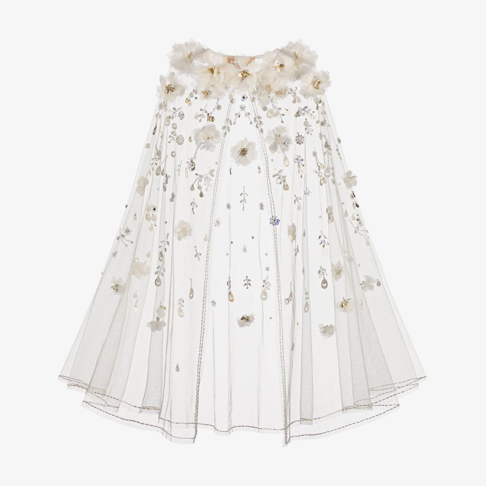 Tutu du Monde-Girls Ivory Beaded Tulle Cape with Flower Appliqués | Childrensalon
