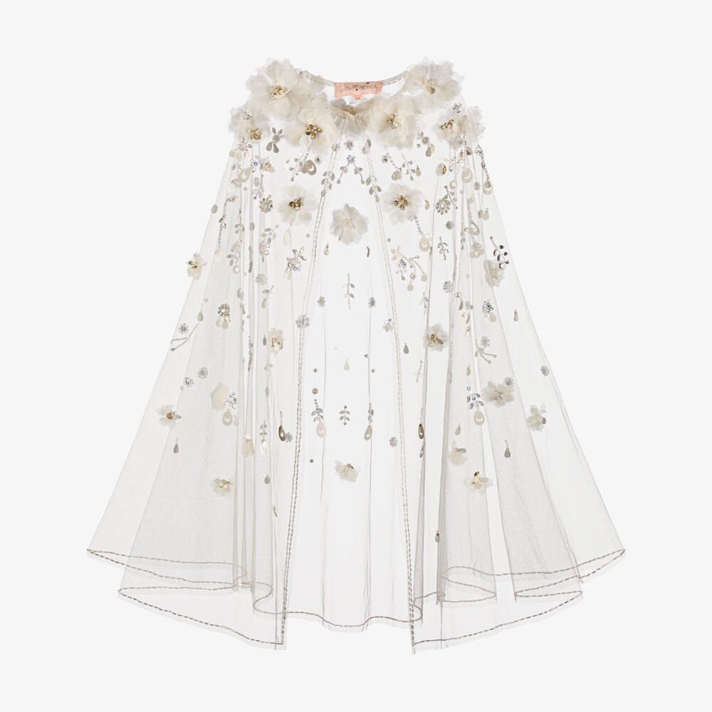 Tutu du Monde-Girls Ivory Beaded Tulle Cape with Flower Appliqués | Childrensalon