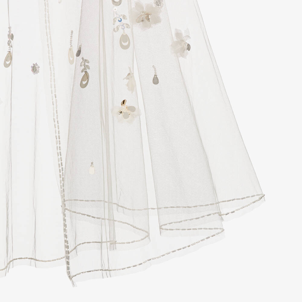 Tutu du Monde-Girls Ivory Beaded Tulle Cape with Flower Appliqués | Childrensalon