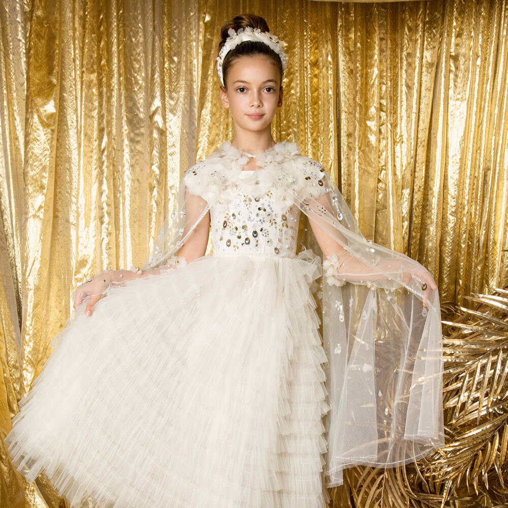 Tutu du Monde-Накидка кремовая из тюля с бусинами и цветочными аппликациями для девочек | Childrensalon