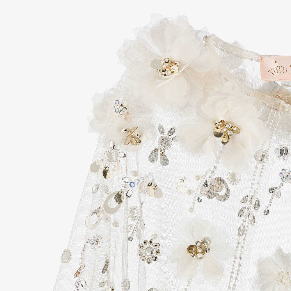 Tutu du Monde-Girls Ivory Beaded Tulle Cape with Flower Appliqués | Childrensalon