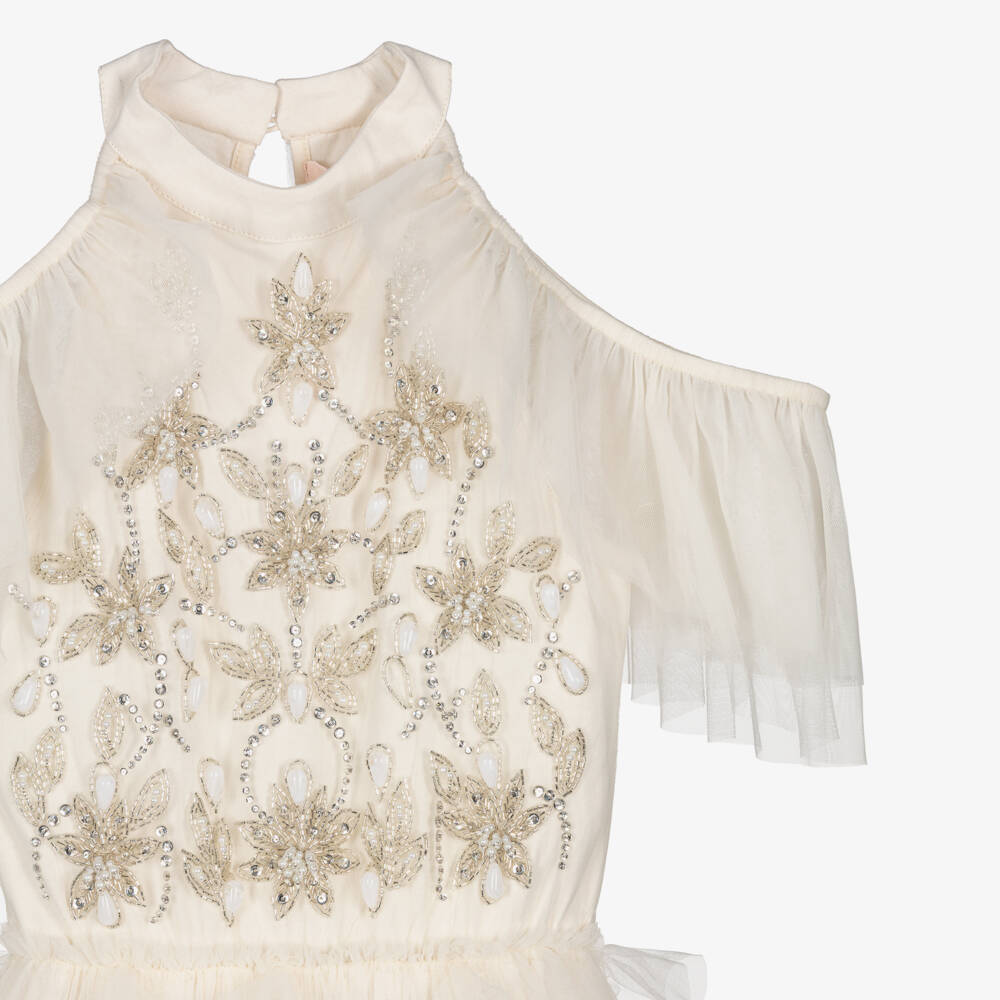 Tutu du Monde-Girls Ivory Beaded Tulle Dress with Waterfall Ruffles | Childrensalon
