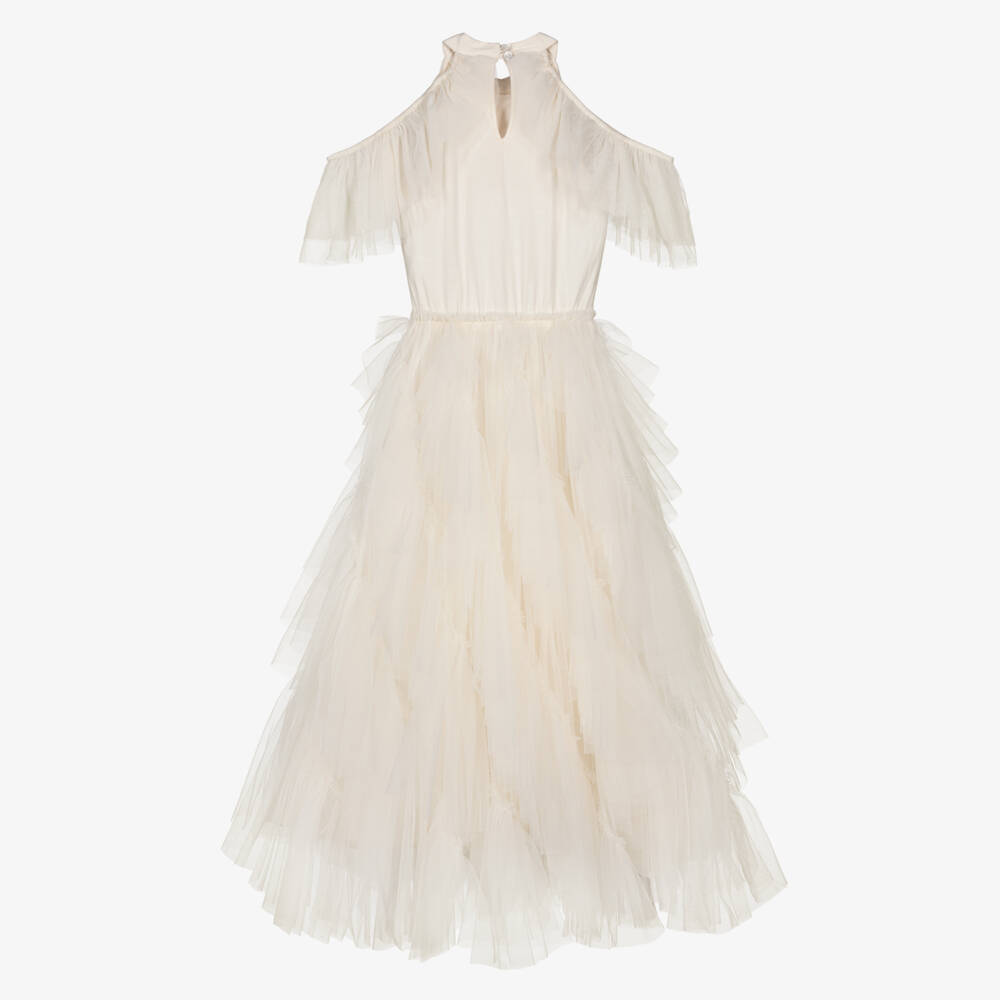Tutu du Monde-Girls Ivory Beaded Tulle Dress with Waterfall Ruffles | Childrensalon