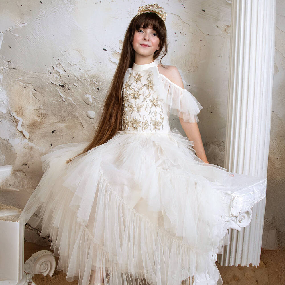 Tutu du Monde-Girls Ivory Beaded Tulle Dress with Waterfall Ruffles | Childrensalon