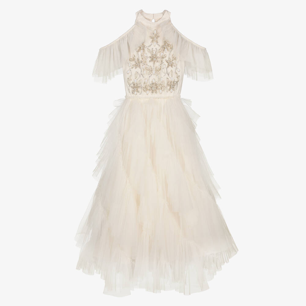 Tutu du Monde-Girls Ivory Beaded Tulle Dress with Waterfall Ruffles | Childrensalon