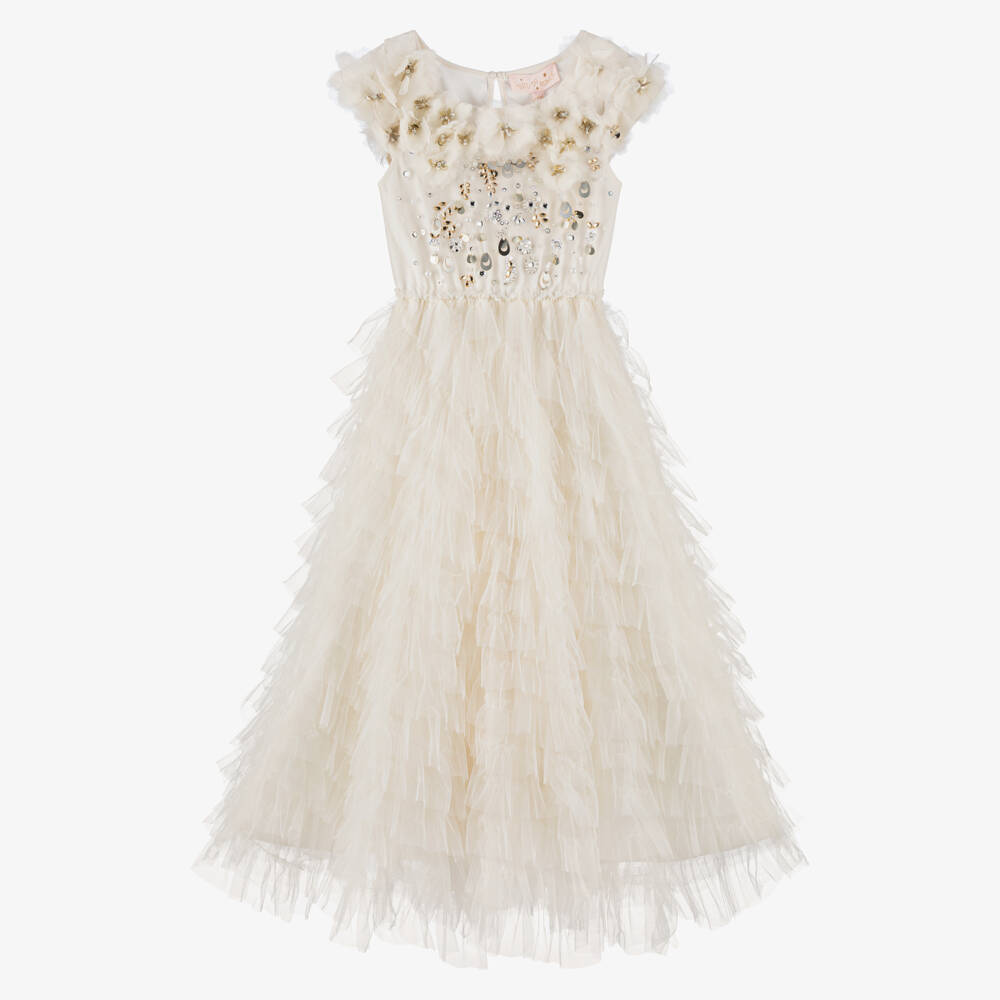 Tutu du Monde-Girls Ivory Ruffle Tulle Dress with Beads & Sequin | Childrensalon