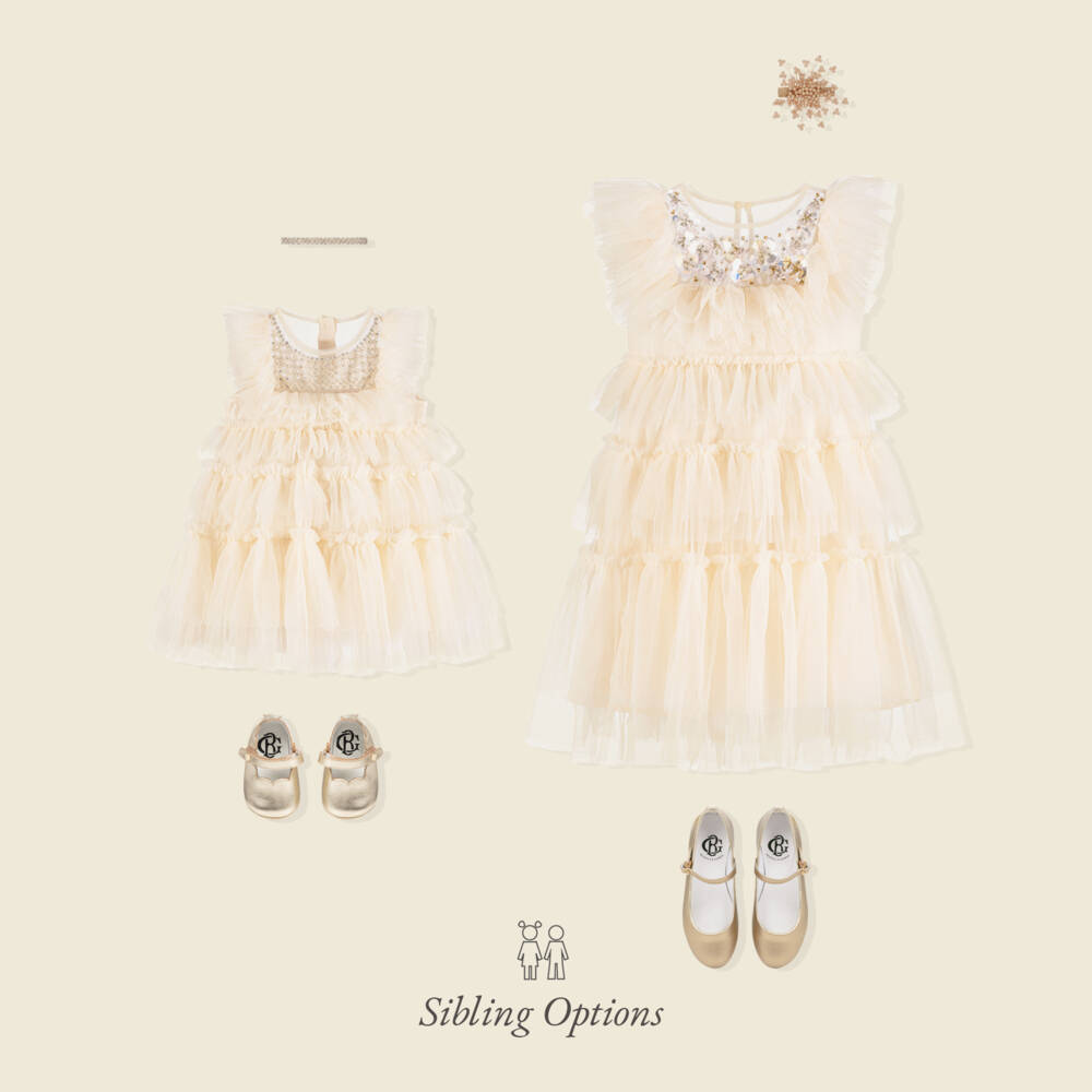 Tutu du Monde-Платье кремовое ярусное из тюля с бусинами и цветами из пайеток | Childrensalon