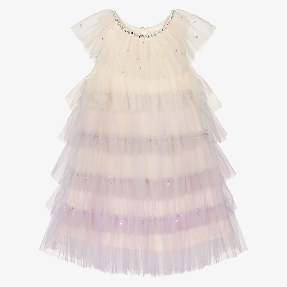 Tutu du Monde-Girls Ivory Tulle Dress with Lilac Purple Trims | Childrensalon