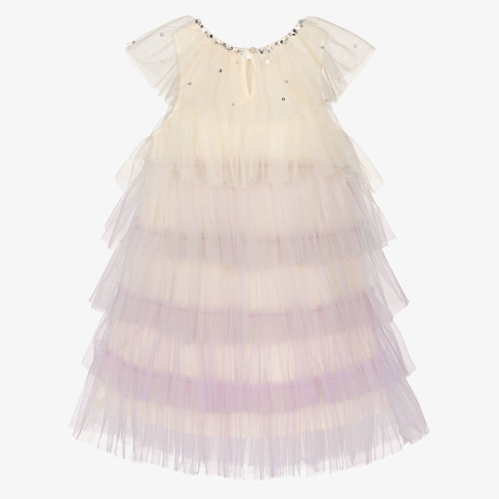 Tutu du Monde-Платье кремовое из тюля с сиреневыми отделками для девочек | Childrensalon