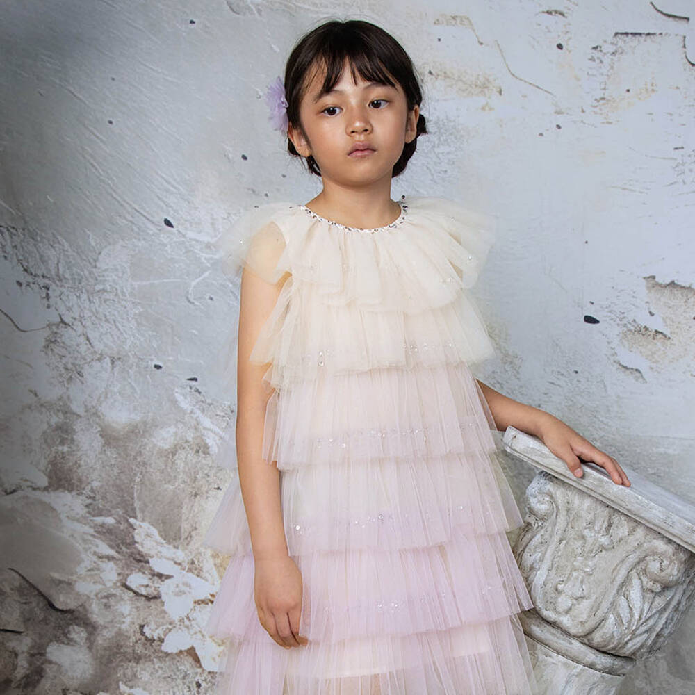 Tutu du Monde-Платье кремовое из тюля с сиреневыми отделками для девочек | Childrensalon