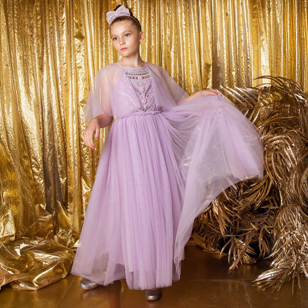 Tutu du Monde-Girls Lavender Purple Tulle Jewelled Maxi Dress | Childrensalon