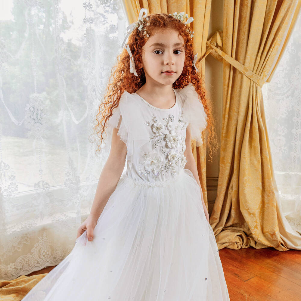 Tutu du Monde-Girls Long Ivory Tulle Dress with Beaded & Sequinned Flowers | Childrensalon