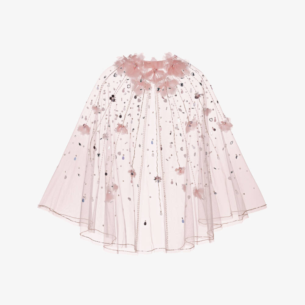 Tutu du Monde-Пелерина розовая из тюля с бусинами и цветочными аппликациями для девочек | Childrensalon