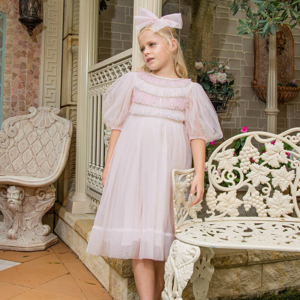 Tutu du Monde-Girls Pale Pink Puff Sleeve Tulle Dress | Childrensalon
