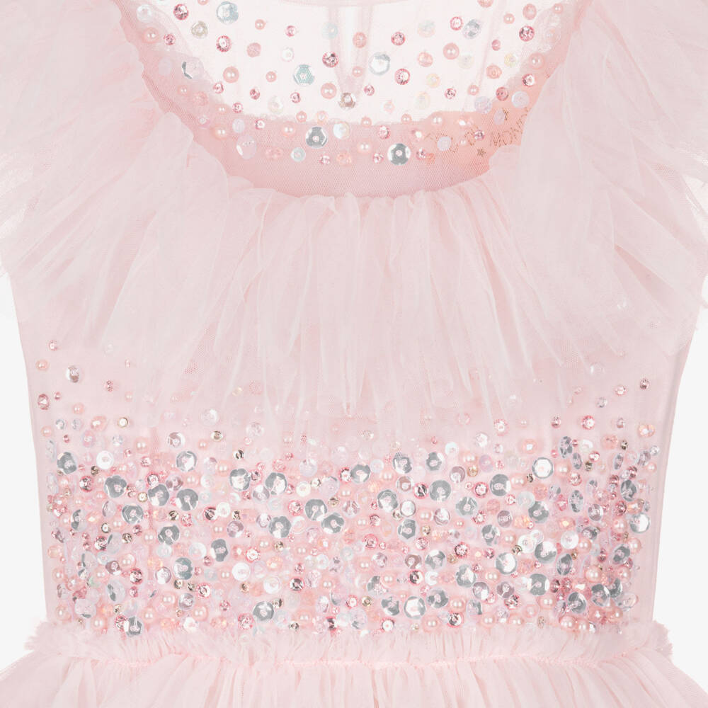 Tutu du Monde-Girls Pale Pink Tulle Tiered Dress with Ruffle & Gems | Childrensalon