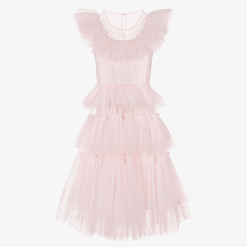 Tutu du Monde-Girls Pale Pink Tulle Tiered Dress with Ruffle & Gems | Childrensalon