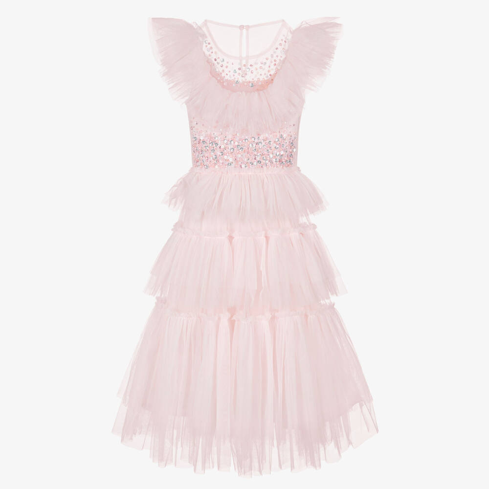 Tutu du Monde-Girls Pale Pink Tulle Tiered Dress with Ruffle & Gems | Childrensalon