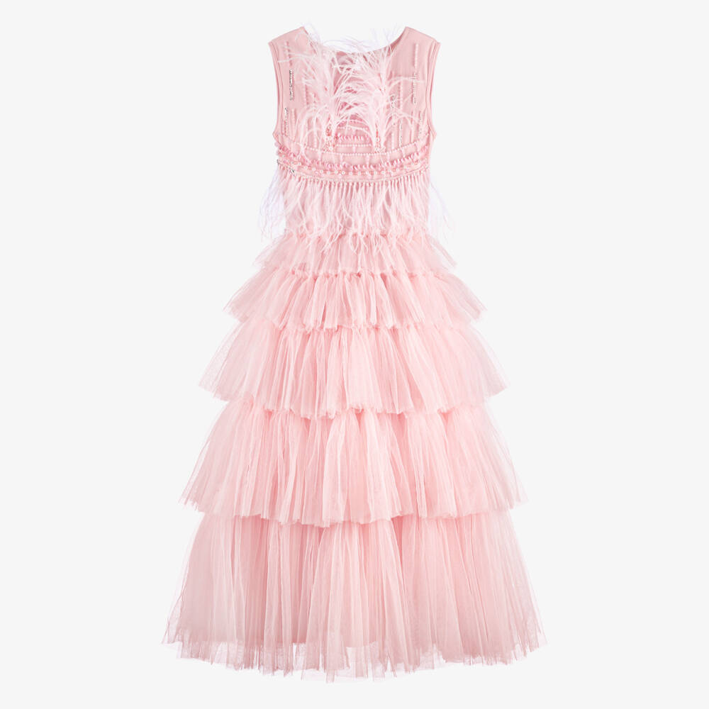 Tutu du Monde-Girls Pink Beaded Maxi Dress with Feathers | Childrensalon